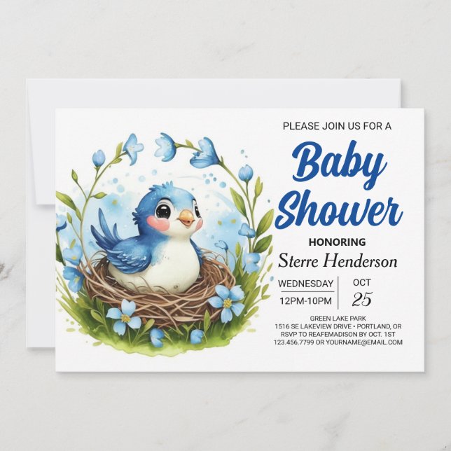Invitación Elegante Nest Woodland Bird Boy Baby Shower (Anverso)