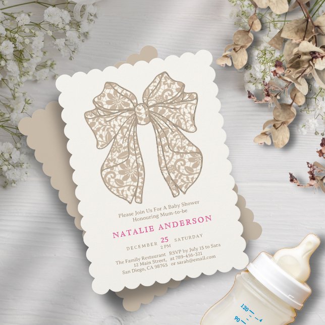 Invitación Elegante Neutral Beige Floral Lace Bow Baby Shower (Elegant Neutral Beige Floral Lace Bow Baby Shower Invitation)