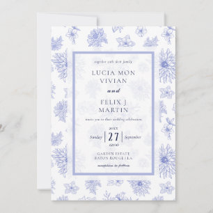 Invitación Elegante Neutral Sombra Azul floral Todo en uno