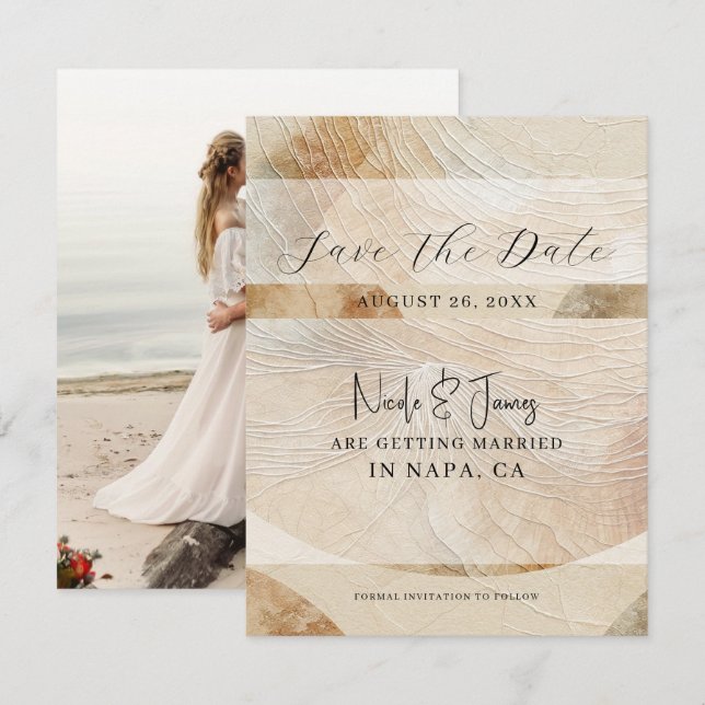 Invitación Elegante Neutro Elemento Natural Boho Salvar Fecha (Anverso / Reverso)