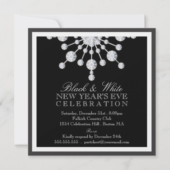 Invitación Elegante nieve de Año Nuevo blanco y negro (Anverso)