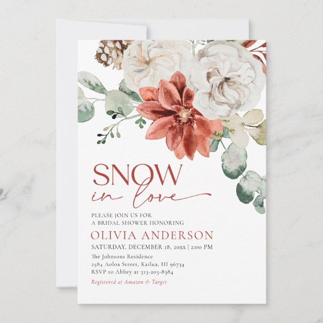 Invitación Elegante nieve en amor ducha de novia roja de invi (Anverso)