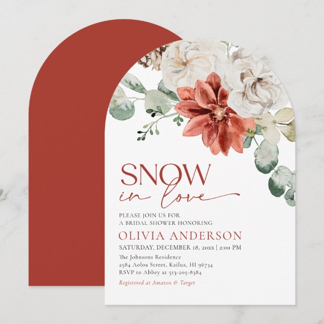 Invitación Elegante nieve en amor ducha de novia roja de invi (Anverso / Reverso)