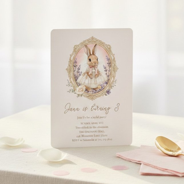 Invitación Elegante niña conejo de acuarela de cumpleaños (Subido por el creador)
