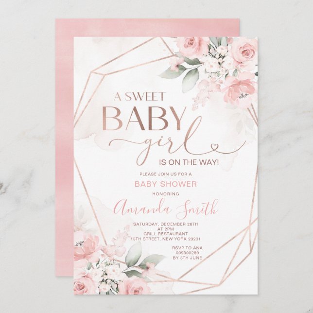 Invitación Elegante niña dulce con flores rosadas Baby Shower (Anverso / Reverso)