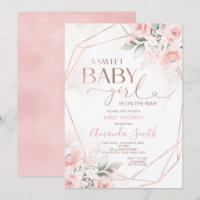 Elegante niña dulce con flores rosadas Baby Shower