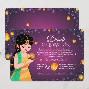 Invitación Elegante niña india, linterna flotante, Diwali púr