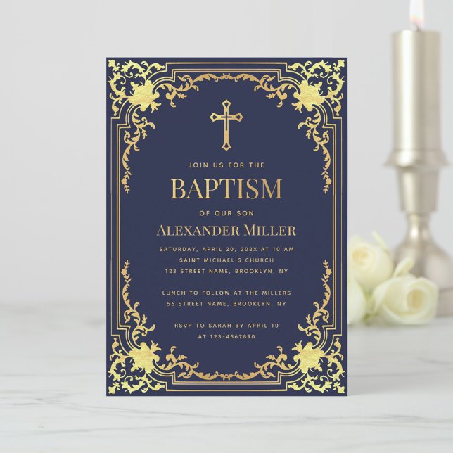 Invitación Elegante niño Baptismo Armada Azul Faux Gold Vinta (Subido por el creador)