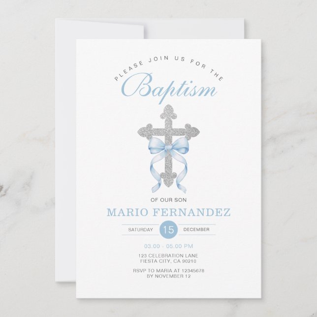 Invitación Elegante niño bautismo Blue Bow Silver Cross Purpu (Anverso)