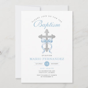 Invitación Elegante niño bautismo Blue Bow Silver Cross Purpu