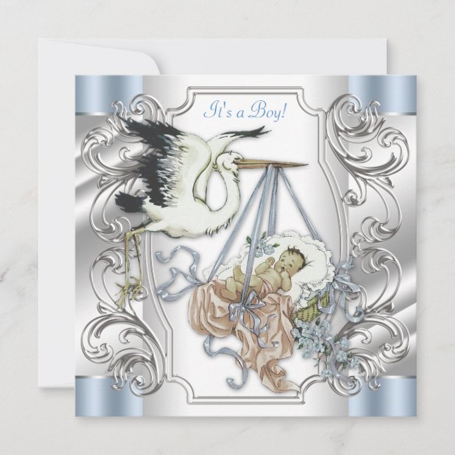 Invitación Elegante niño bebe de cigüeya azul y plata de époc (Anverso)