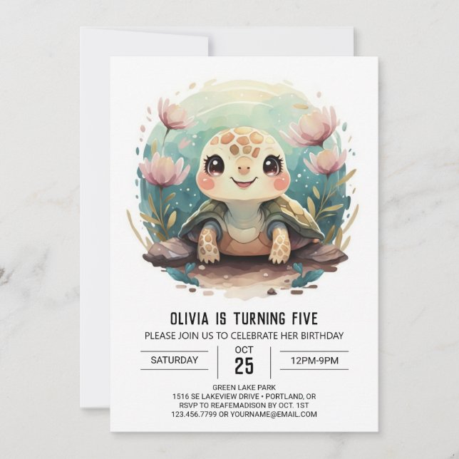Invitación Elegante niño Chica de tortuga (Anverso)