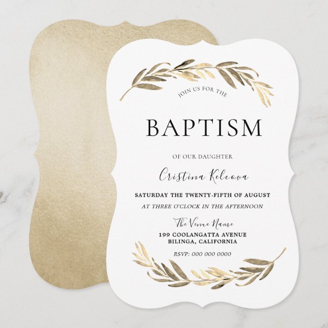 Invitación Elegante niño con hoja de oro o bautizo Chica (Anverso / Reverso)