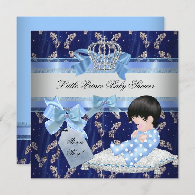Invitación Elegante niño de Baby Shower Blue Little Prince Cr (Anverso / Reverso)