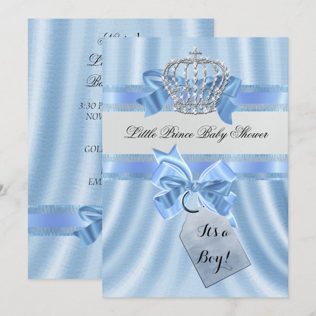 Invitación Elegante niño de Baby Shower Blue Little Prince Cr (Anverso / Reverso)