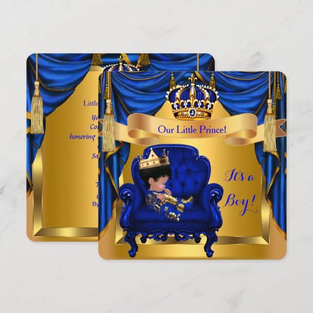 Invitación Elegante niño de Baby Shower Prince Royal Blue Gol (Anverso / Reverso)