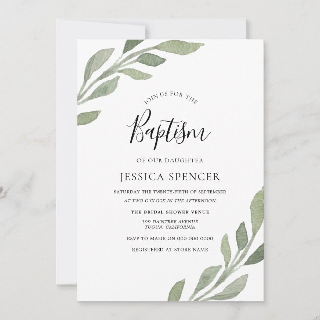 Invitación Elegante niño de hoja de verdor o bautismo Chica i (Anverso)