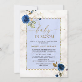 Invitación Elegante niño de oro con flores azules de la marin