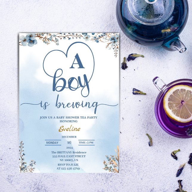 Invitación Elegante niño está preparando Baby Shower Fiesta d (tea party watercolor blue baby boy )