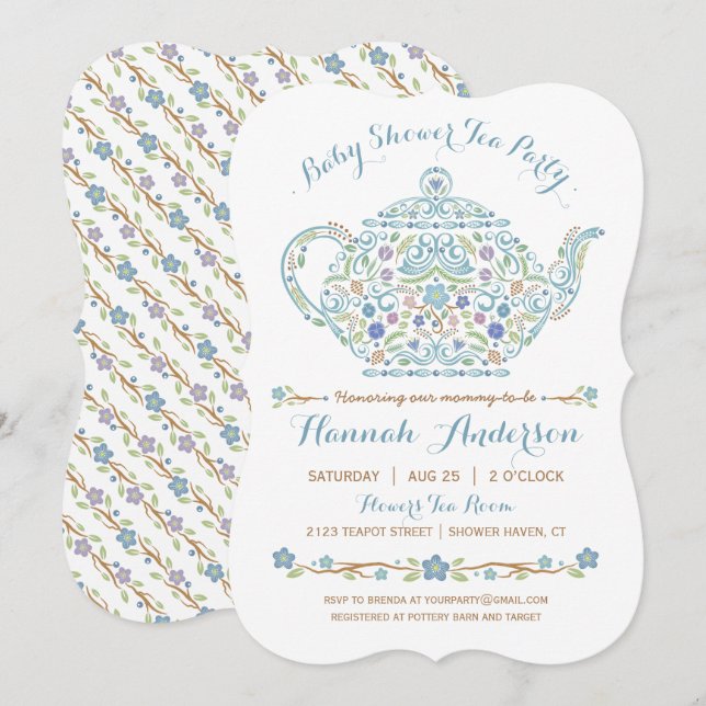 Invitación Elegante niño Fiesta Baby Shower ・ Tetera (Anverso / Reverso)