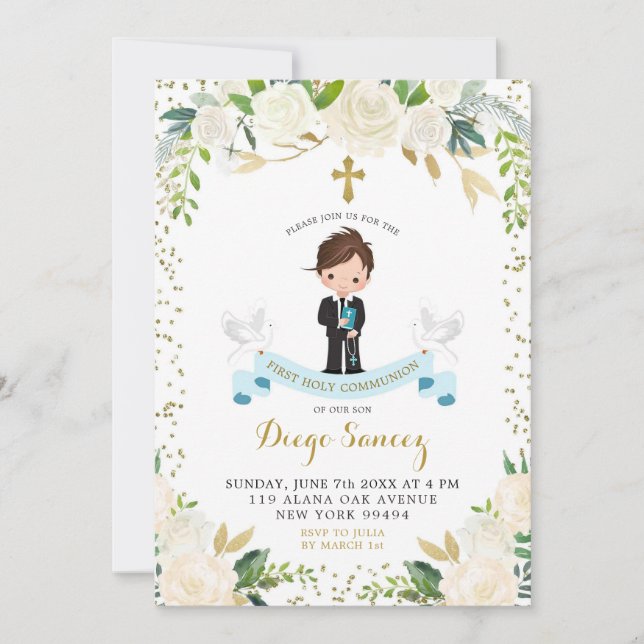 Invitación Elegante niño floral blanco primera comunión sagra (Anverso)