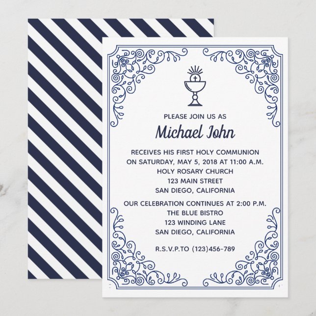 Invitación Elegante niño remolino azul floreciente Primera Co (Anverso / Reverso)