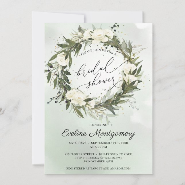 Invitación Elegante Noche de Rosas Blancas de Oliva Verde (Anverso)