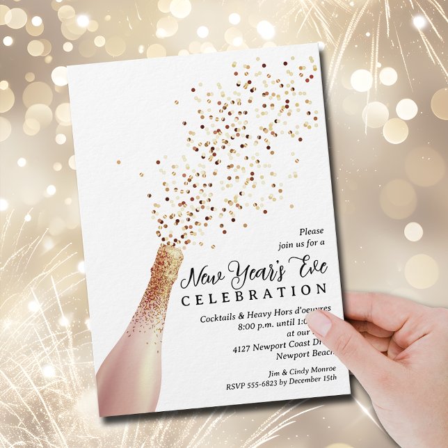 Invitación Elegante Nochevieja de Champán (Elegant Champagne bottle spray New Year's Eve party invitations, PRINTED and/or INSTANT DOWNLOAD)