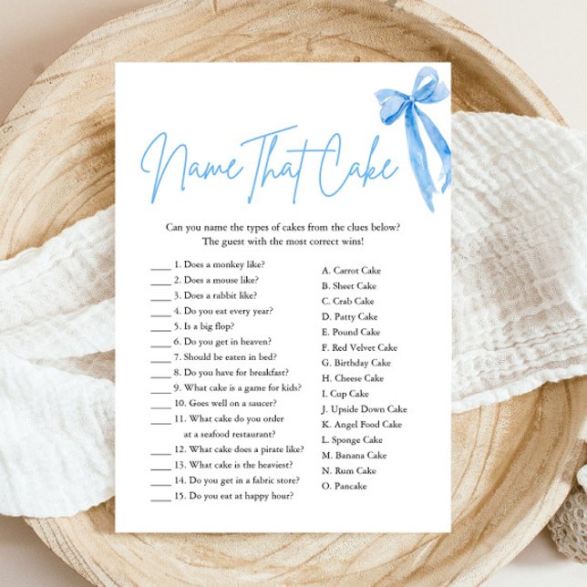 Invitación Elegante nombre azul de vaca que hace juego de duc (Modern Elegant Watercolor Blue Bow Name That Cake Bridal Shower Game)