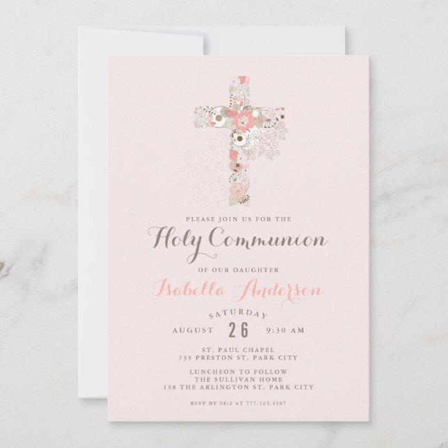 Invitación Elegante nombre de cruz floral de comunión rosa ro (Anverso)