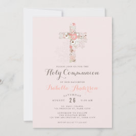 Invitación Elegante nombre de cruz floral de comunión rosa ro