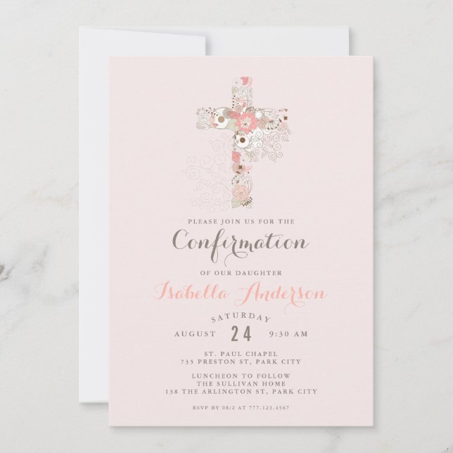 Invitación Elegante nombre de cruz floral de confirmación de  (Anverso)