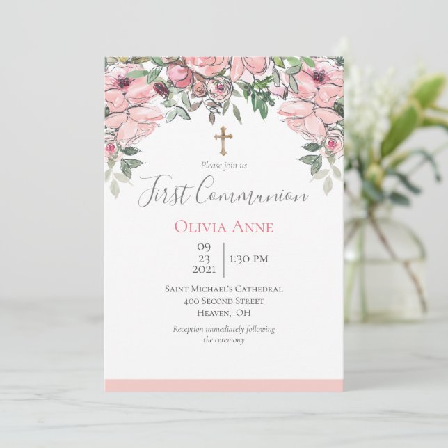 Invitación Elegante nombre floral rosa de la primera comunión (Anverso de pie)
