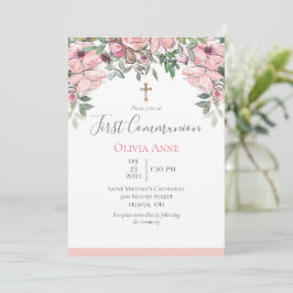 Invitación Elegante nombre floral rosa de la primera comunión