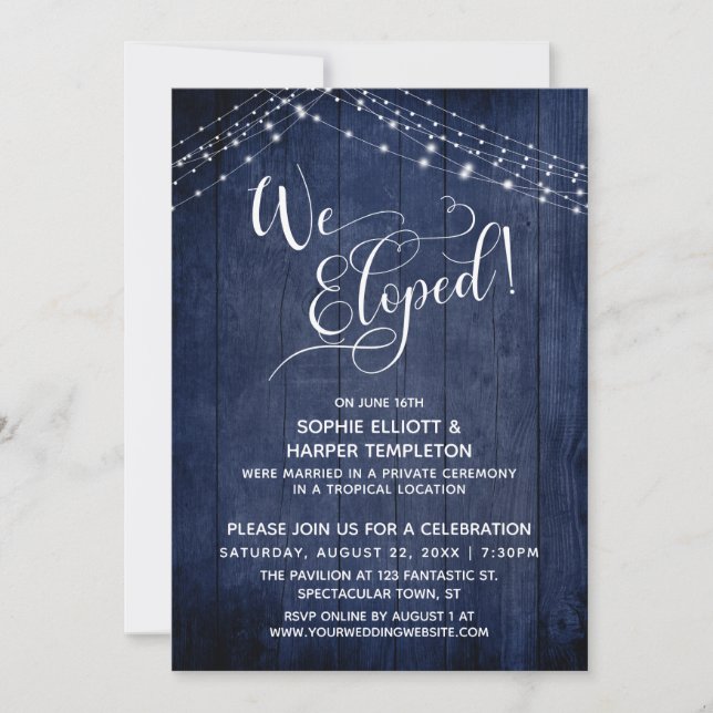Invitación Elegante Nos Fugamos Tipografía & Luces, Madera Az (Anverso)