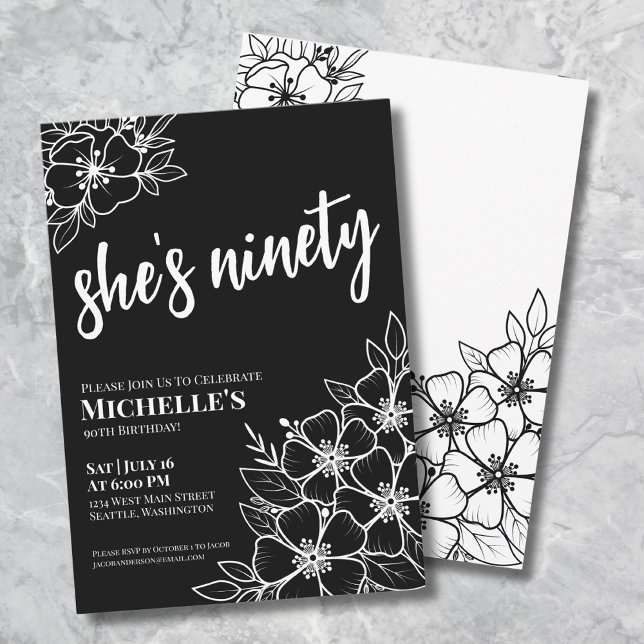 Invitación Elegante Noventa Black White 90th Birthday Party (Elegant Ninety Black White 90th Birthday Party Invitation)