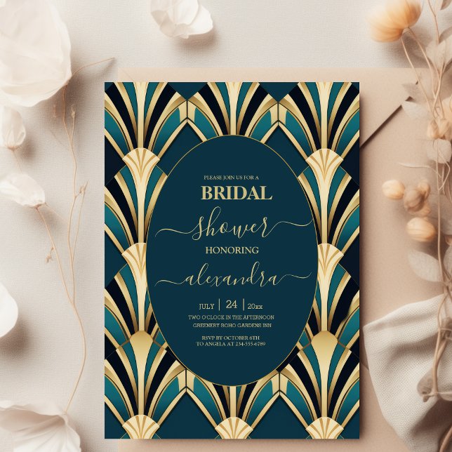 Invitación Elegante novia azul y oro Art Deco (Subido por el creador)