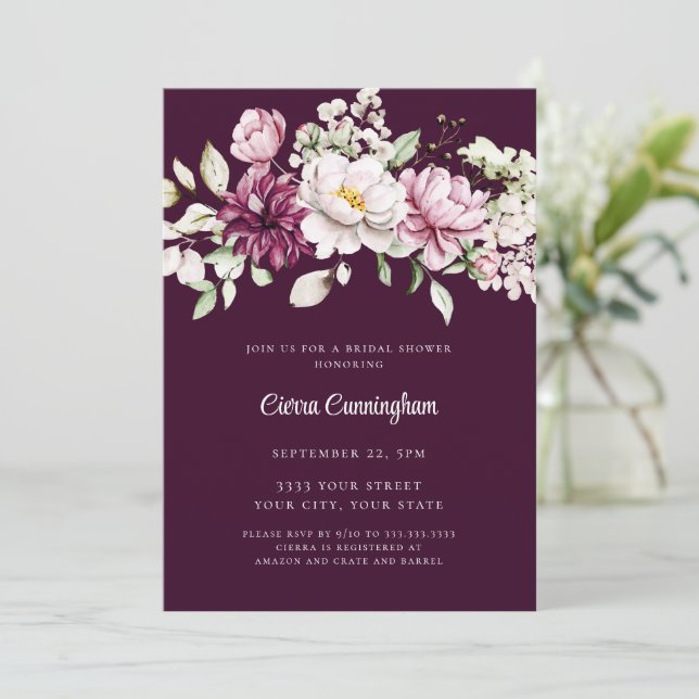 Invitación Elegante novia floral de ciruela borgoñona (Anverso de pie)