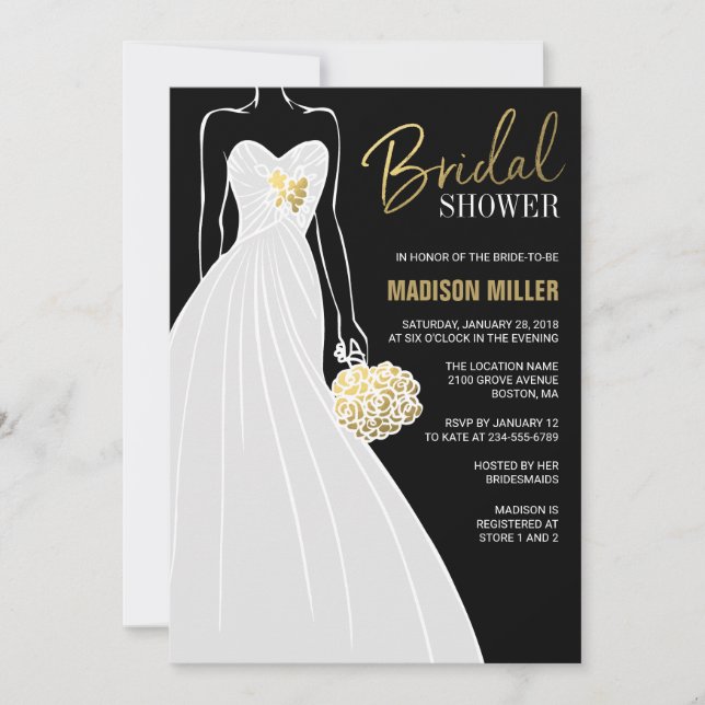 Invitación Elegante novia Relieve metalizado dorado negro duc (Anverso)