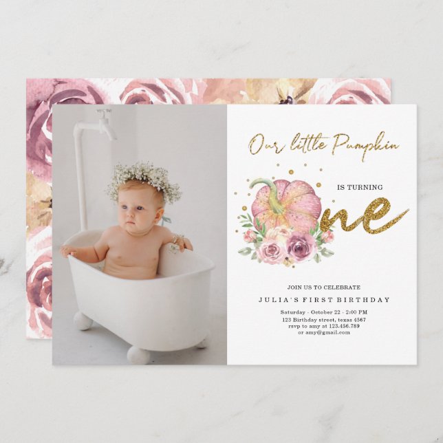 Invitación Elegante nuestra pequeña calabaza foto de cumpleañ (Anverso / Reverso)