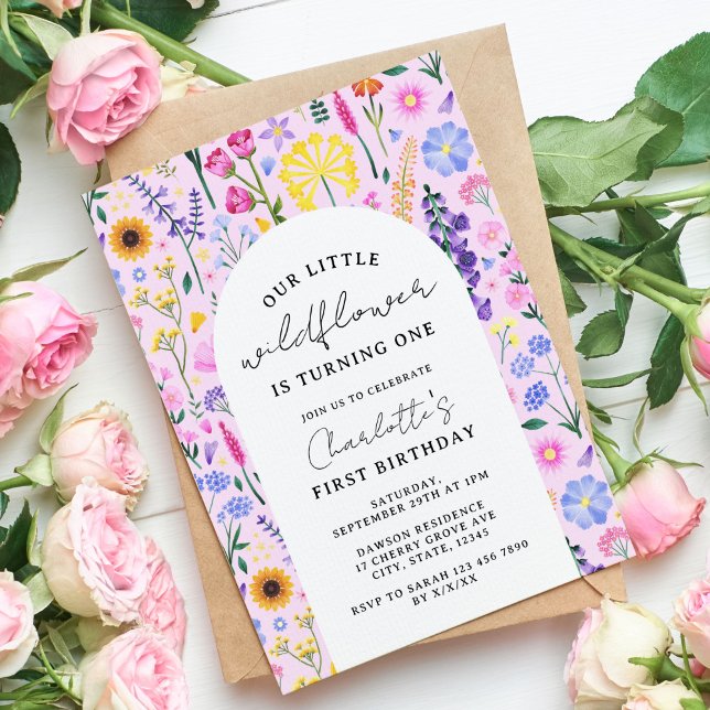 Invitación Elegante Nuestro Pequeño Chica De Flores Silvestre (Spring Wildflower Girl's Birthday Invitation)
