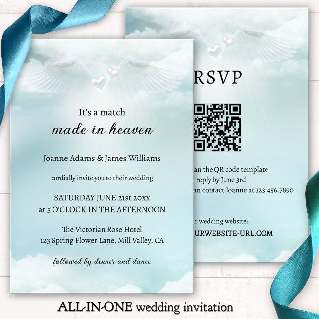 Invitación Elegante Nueve ángeles de la nube todo en un Boda (Pastel turquoise wedding invitation featuring angel wings and silver hearts on soft dreamy clouds)