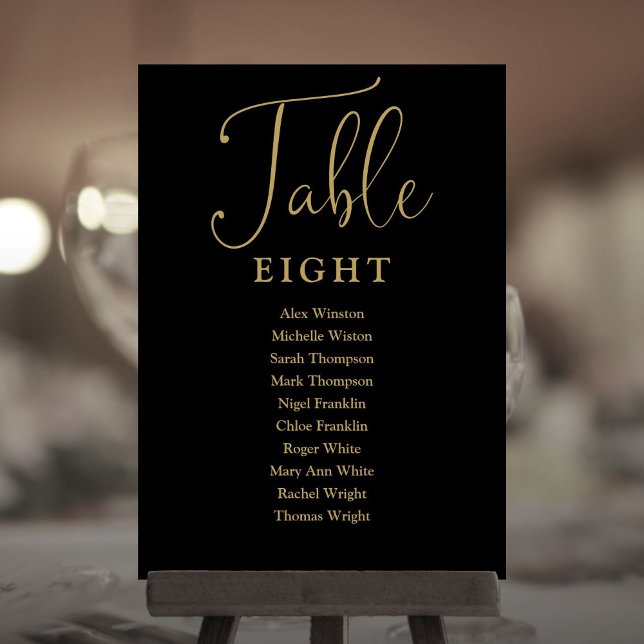 Invitación Elegante Número De Tabla De Asientos En Negro Y Or (Elegant Black And Gold Seating Chart Table Number)