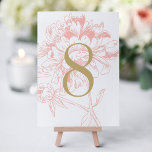 Invitación Elegante número de tabla de Boda de flores de cora<br><div class="desc">Elegante y romántico césped boda carta número de mesa en color rosa coral y champán dorado. El diseño aparece en los lados frontal y posterior de la tarjeta. Personalizar y añada cada número de tabla individual a su carrito de la compra.</div>