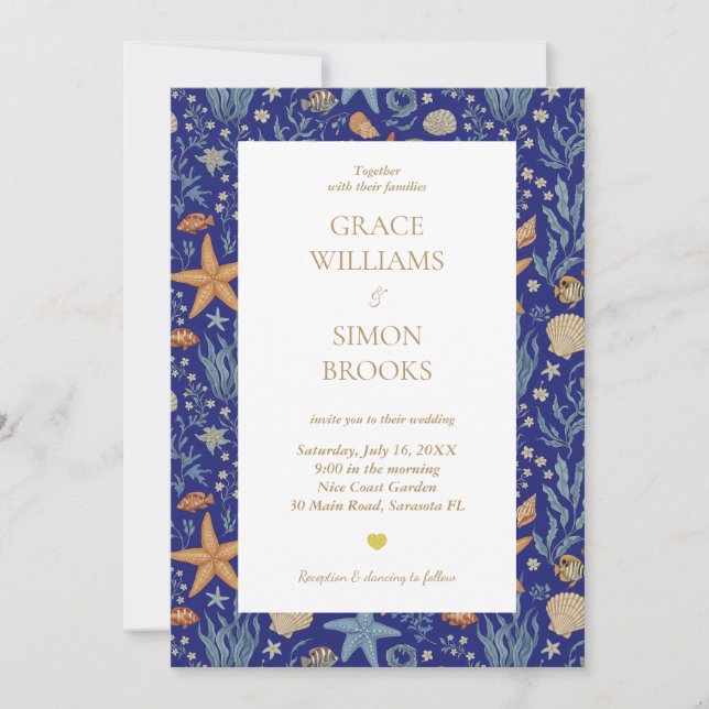 Invitación Elegante Ocean Sea Gold Ultramarine Custom Wedding (Anverso)