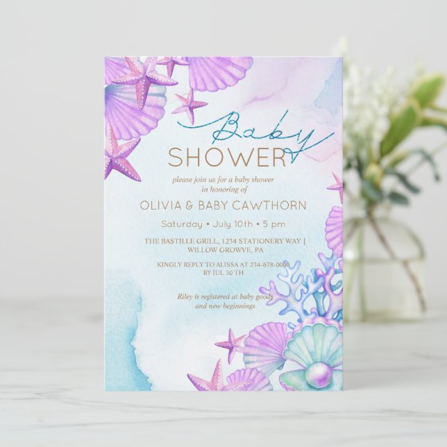 Invitación Elegante Ocean shells Beach Baby Shower (Anverso de pie)