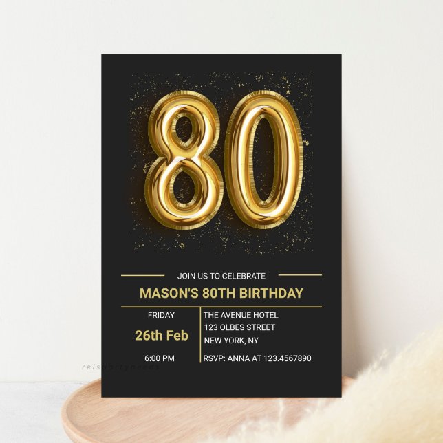 Invitación Elegante Ochenta Black Gold 80 cumpleaños (Editable 80th Birthday Invitation, Gold and Black, Elegant Eighty Invitation, Glitter Sparkle, 80 Ye)