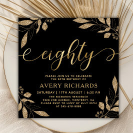 Invitación Elegante Ochenta Guión de Oro Negro 80 cumpleaños