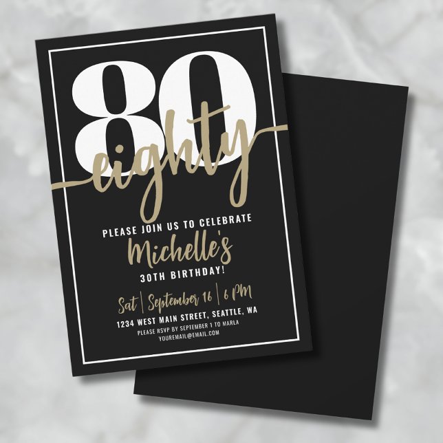 Invitación Elegante Ochenta Oro 80 cumpleaños (Black Gold 80th Birthday Party Invitation)