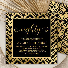 Invitación Elegante Ochenta Script Negro y Oro 80 cumpleaños
